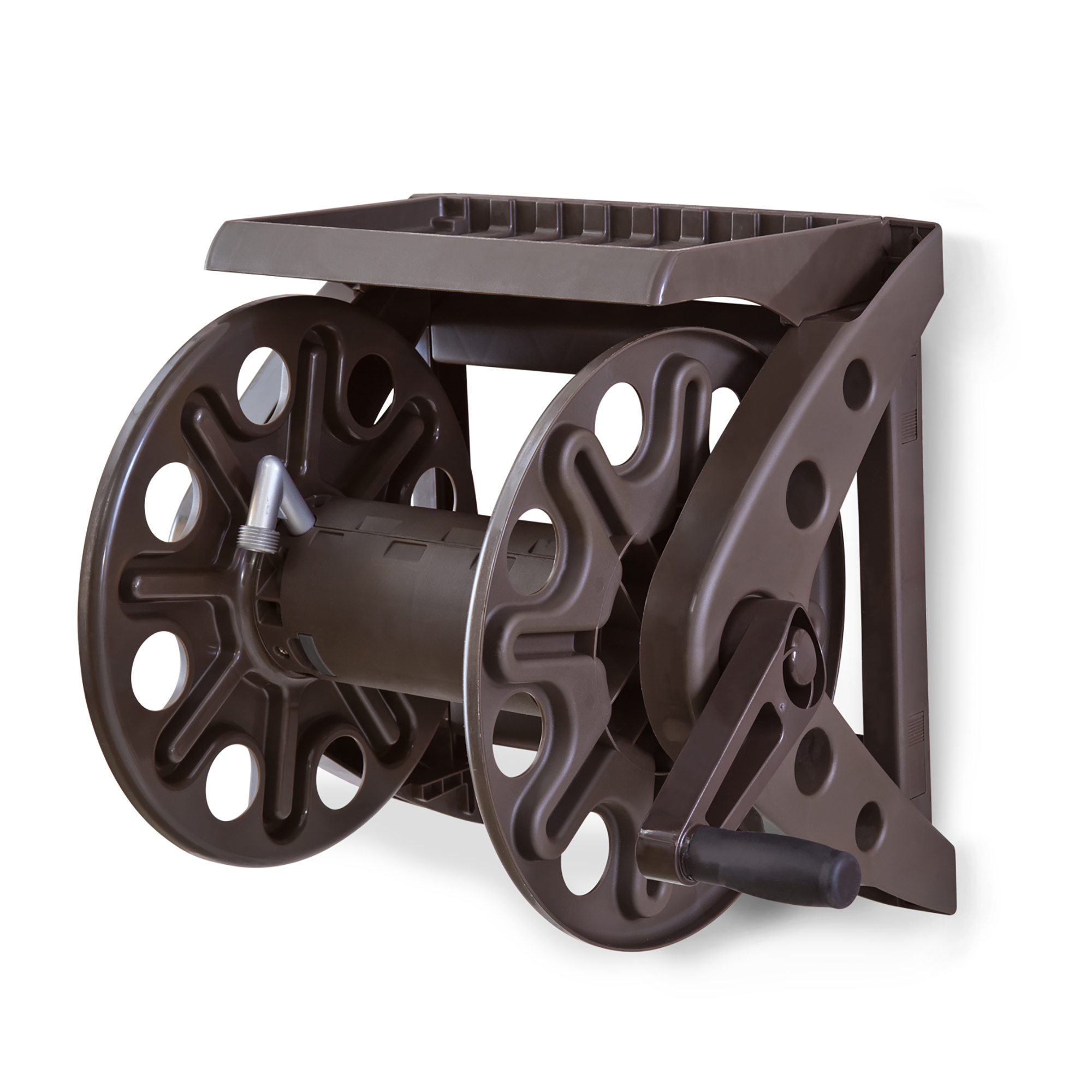 Liberty Garden Products, Wall Mounted Hose Reel With Shelf, Hose Length Capacity 225 ft, Frame Material Molded Plastic, Color Brown, Model# 512